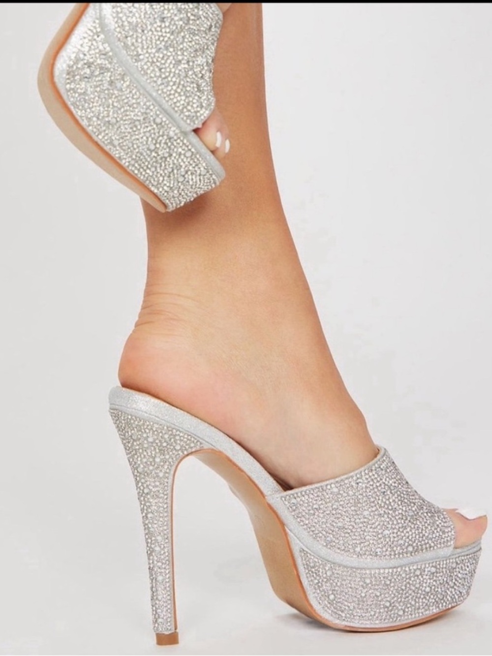 Fashion Nova Sparkle Platform Slingback Heels in Silver